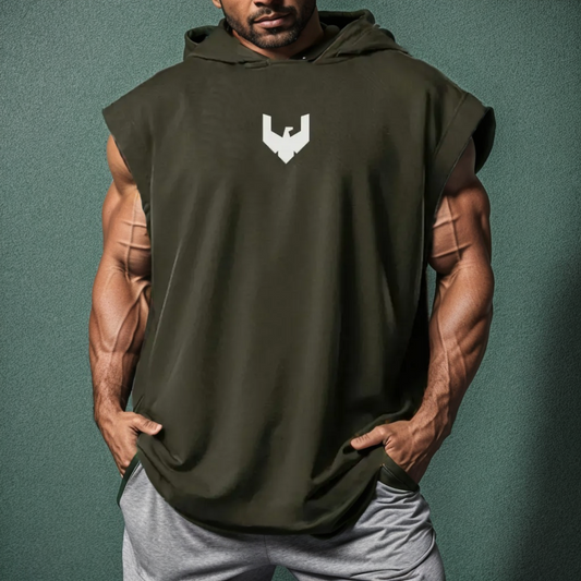 Sleeveless hoodie with printed logo in OLIVE